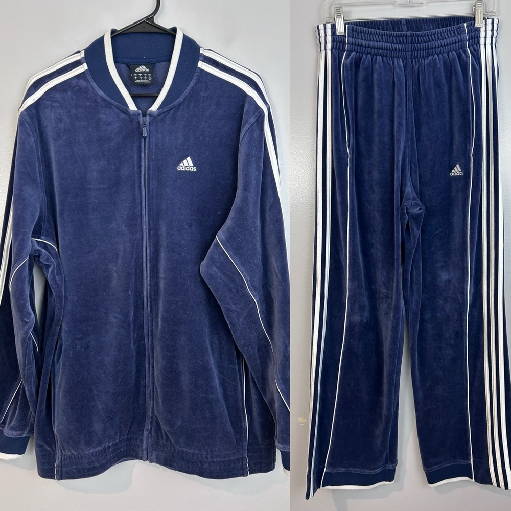 Vintage Adidas Blue/White Velvet/Velour Track Suit Pants & Jacket Size Small